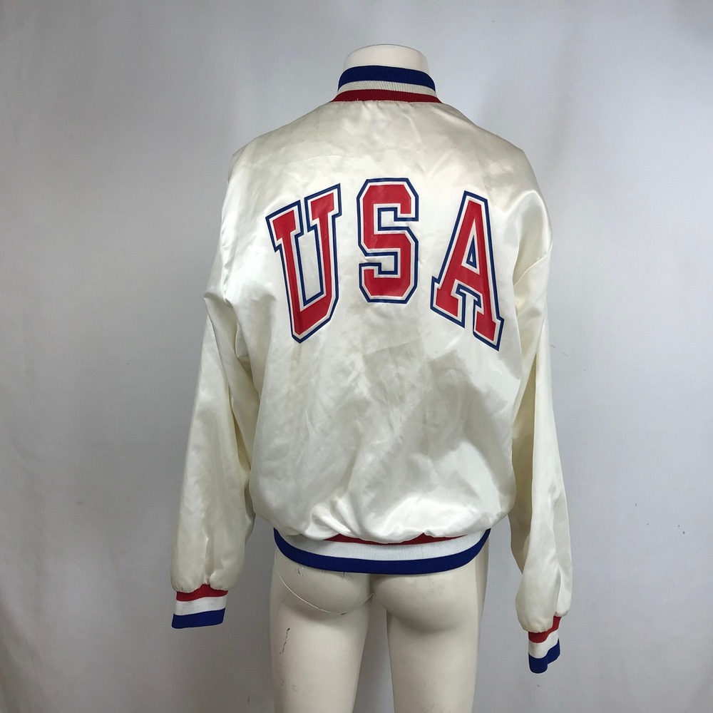 Vintage USA Graybar Satin Bomber Jacket White Patriotic Snap Front Varsity XL